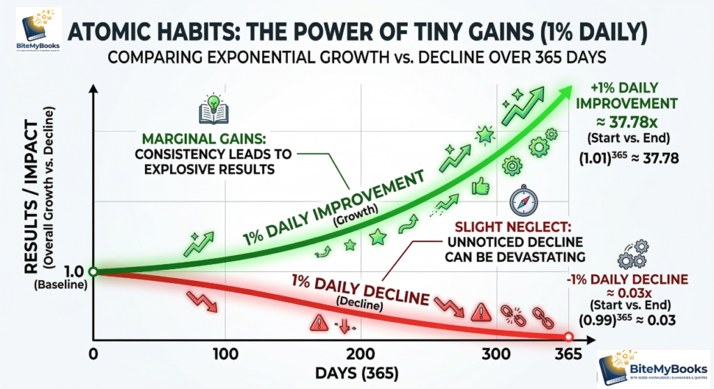 An infographic chart from Atomic Habits showing the power of 1% daily improvement versus 1% daily decline over 365 days.