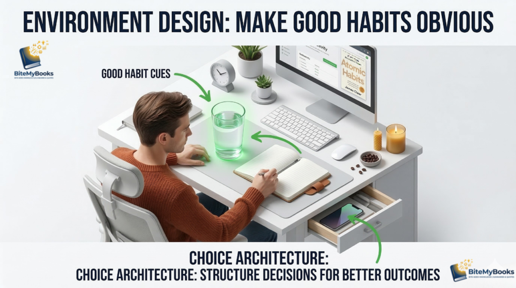 An example of environment design and choice architecture from Atomic Habits Chapter 6