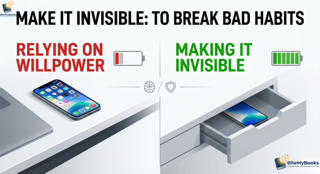 How to make bad habits invisible infographic from Atomic Habits Chapter 7