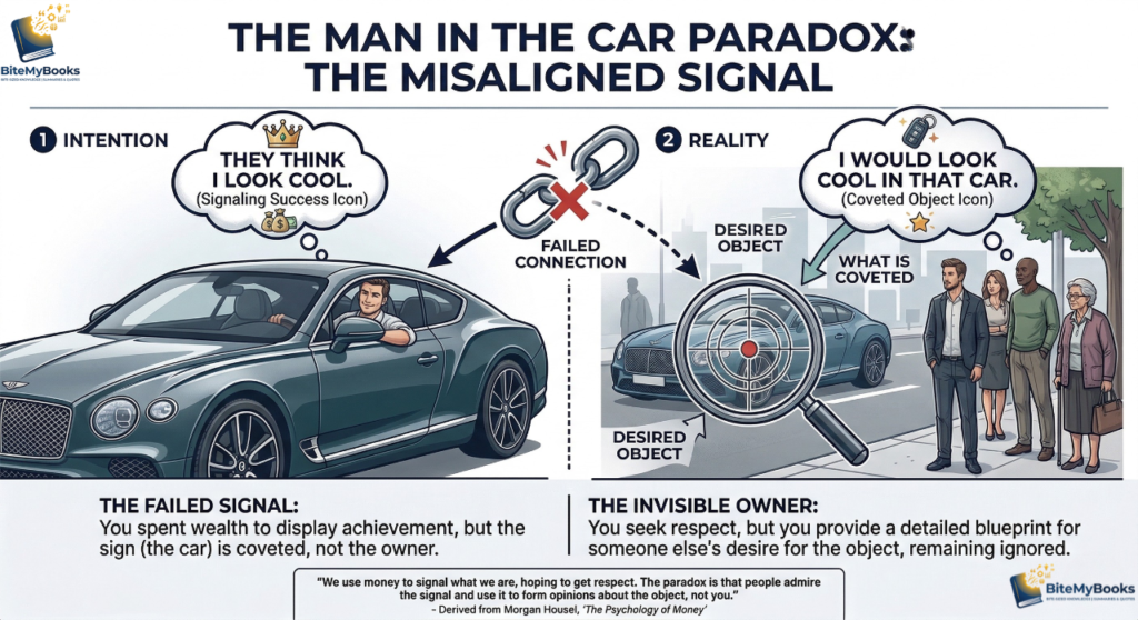 The Man in the Car Paradox infographic explaining why wealth doesn't buy respect from The Psychology of Money