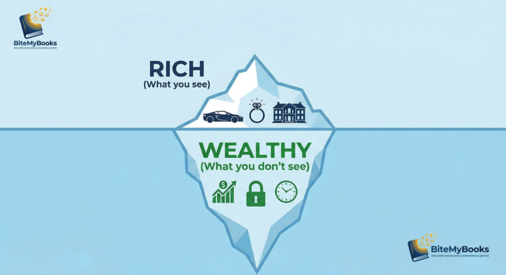 The difference between being rich and being wealthy iceberg infographic from The Psychology of Money