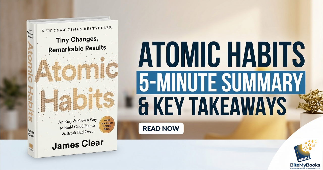 Atomic Habits Book Summary and Key Takeaways billboard graphic for BiteMyBooks.com